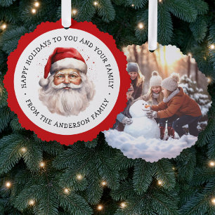 Santa watercolor painting and photo happy holidays tree decoration card