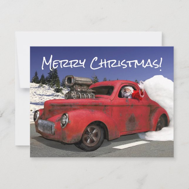 Santa Waving Driving Old 1941 Rusty Hotrod Coupe   Holiday Card (Front)