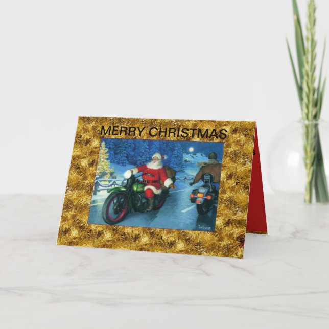 Santa waving on a Motorcycle Christmas Card (Front)