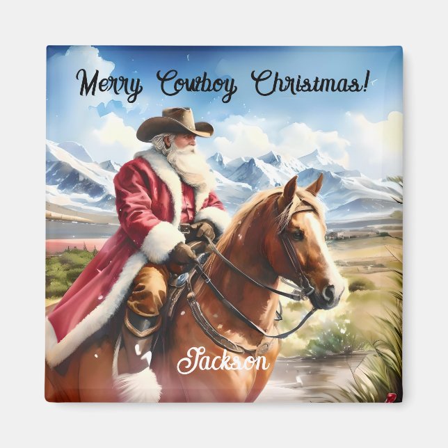  Santa Wearing Cowboy Hat and Riding Horse Magnet (Front)