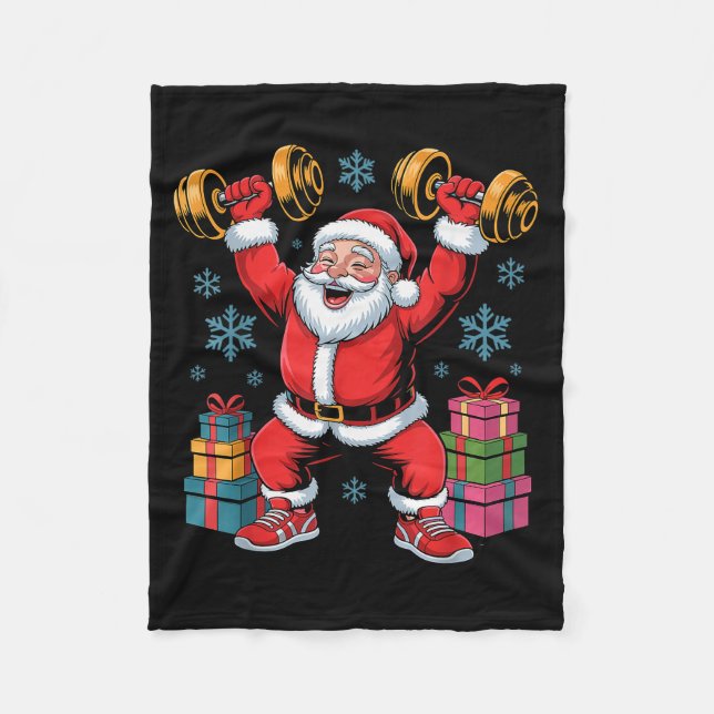 Santa Weightlifting Fitness Gym Training Christmas Fleece Blanket (Front)