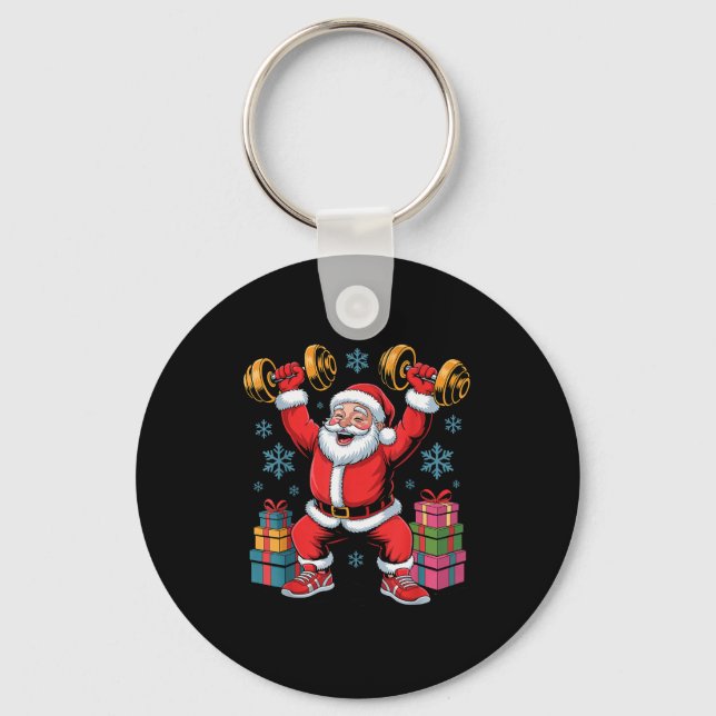 Santa Weightlifting Fitness Gym Training Christmas Key Ring (Front)