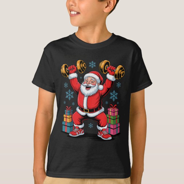 Santa Weightlifting Fitness Gym Training Christmas T-Shirt (Front)