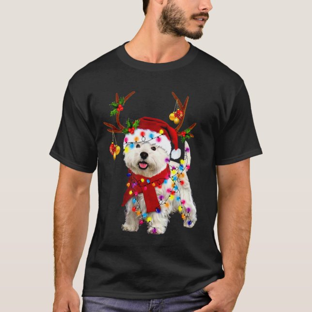 Santa westie dog gorgeous reindeer Light Christmas T-Shirt (Front)