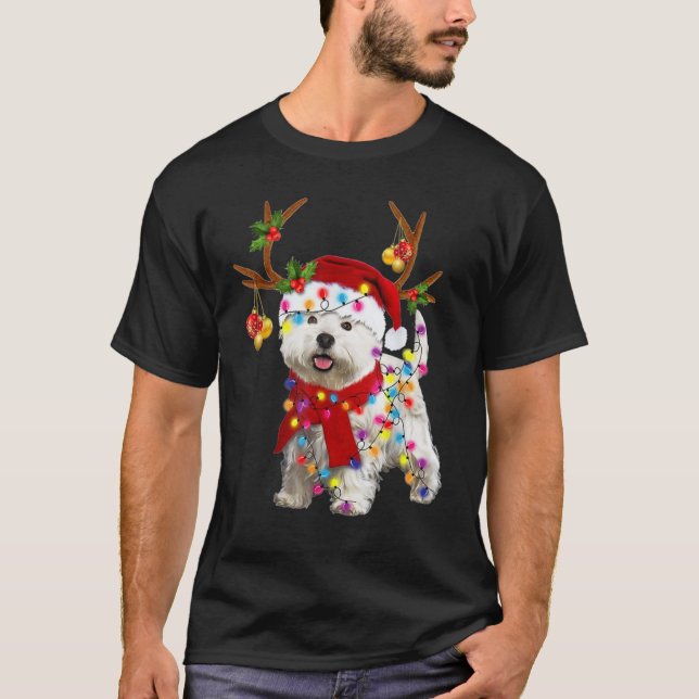 Santa westie dog gorgeous reindeer Light Christmas T-Shirt (Front)