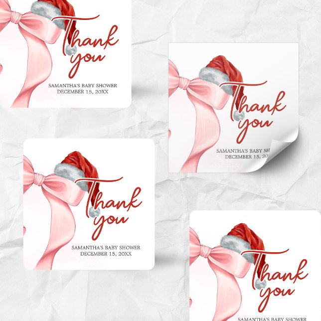 Santa Winter Baby Shower Square Sticker (Santa Baby Coquette Christmas Winter Baby Shower Sticker)