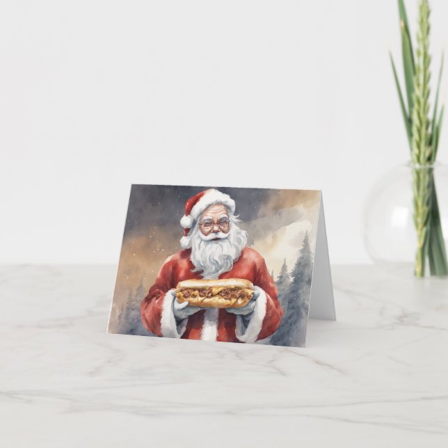 Santa with a Philly Cheesesteak Christmas  Holiday Card (Front)
