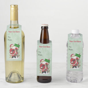 Santa With Animals Decorated Tree in Snow Green Bottle Tag