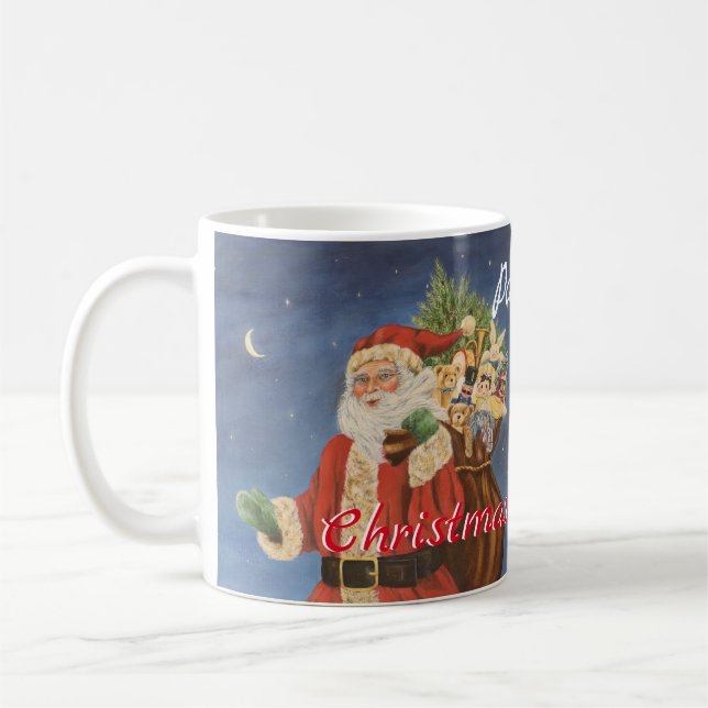 Santa with Bagful of Toys in Snow acrylic painting Coffee Mug (Left)