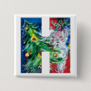 SANTA WITH  BALLOONS AND CHRISTMAS TREE H MONOGRAM 15 CM SQUARE BADGE