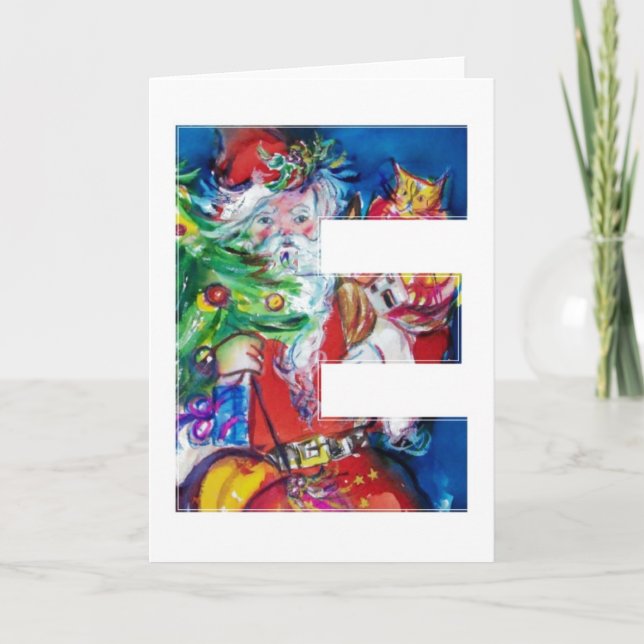 SANTA WITH  BALLOONS AND CHRISTMAS TREE MONOGRAM HOLIDAY CARD (Front)