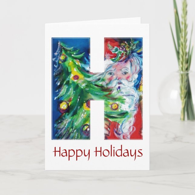 SANTA WITH  BALLOONS AND CHRISTMAS TREE MONOGRAM HOLIDAY CARD (Front)
