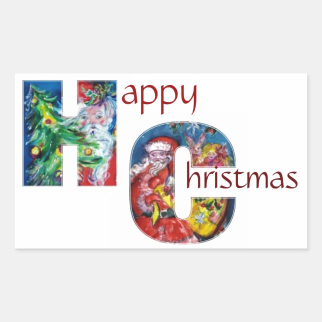 SANTA WITH  BALLOONS AND CHRISTMAS TREE MONOGRAM RECTANGULAR STICKER (Front)