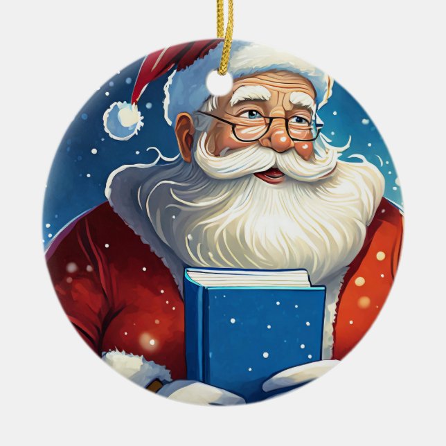 Santa with Big Book Christmas Ceramic Tree Decoration (Front)