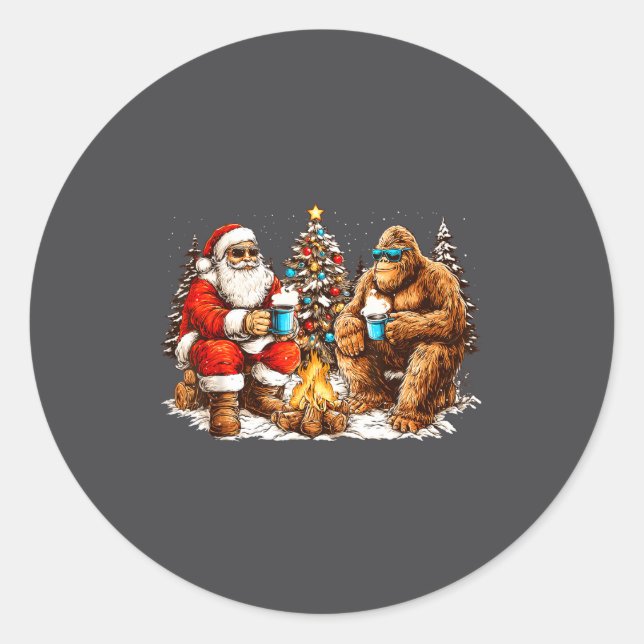 Santa With Bigfoot Christmas Campfire Funny Sasqua Classic Round Sticker (Front)