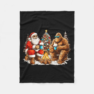 Santa With Bigfoot Christmas Campfire Funny Sasqua Fleece Blanket