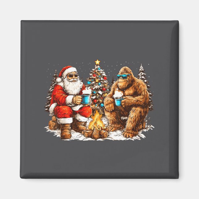 Santa With Bigfoot Christmas Campfire Funny Sasqua Magnet (Front)