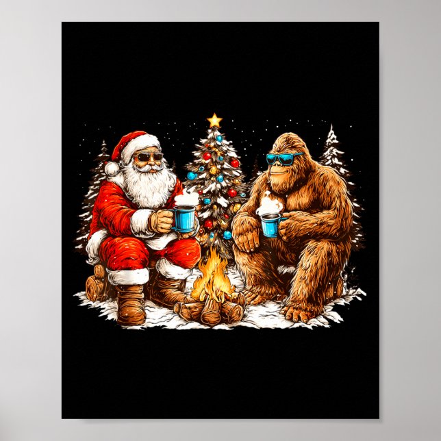 Santa With Bigfoot Christmas Campfire Funny Sasqua Poster (Front)