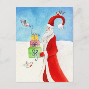 Santa with birds in the Snow watercolor postcard