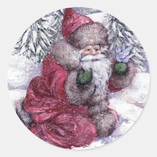 SANTA WITH BLUEBIRD CLASSIC ROUND STICKER