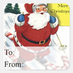 Santa With Candy Cane Skis Vintage Gift Tag