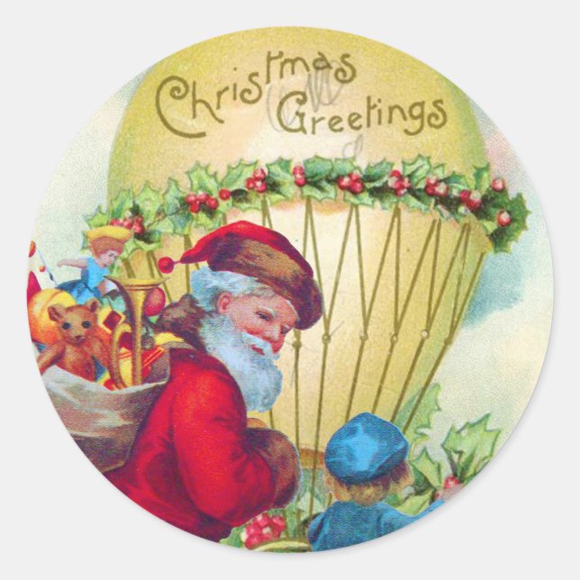 SANTA WITH CHILD ,CHRISTMAS BALLOON,HOLLYBERRIES CLASSIC ROUND STICKER (Front)
