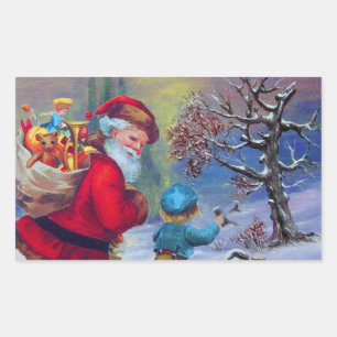 SANTA WITH CHILD IN THE WINTER SNOW RECTANGULAR STICKER