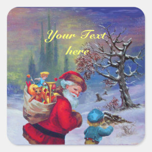 SANTA WITH CHILD IN THE WINTER SNOW SQUARE STICKER