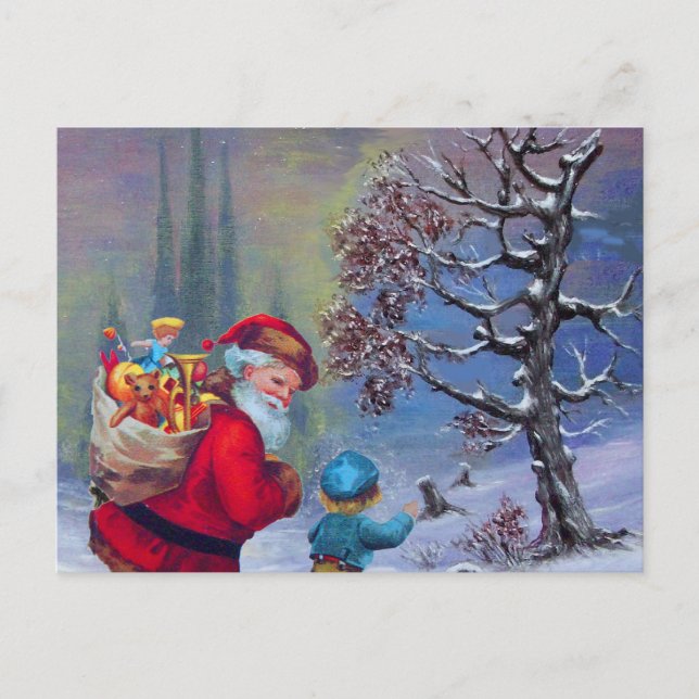 SANTA WITH CHILD IN WINTER SNOW LANDSCAPE HOLIDAY POSTCARD (Front)