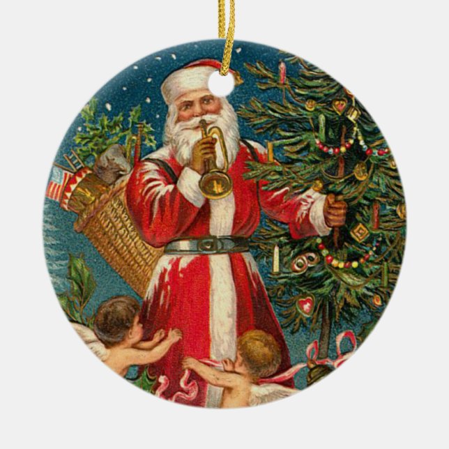Santa with Christmas Angels around a Tree Ceramic Tree Decoration (Front)