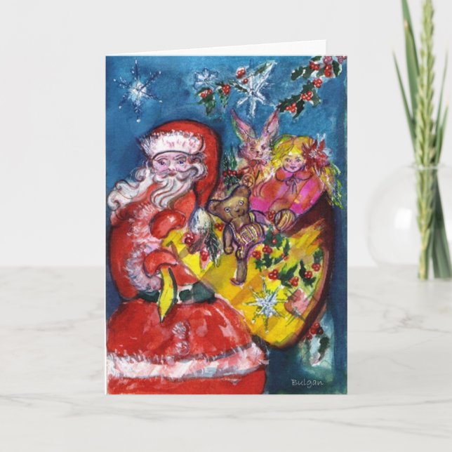 SANTA WITH CHRISTMAS GIFT SACK,TOYS IN SNOW HOLIDAY CARD (Front)
