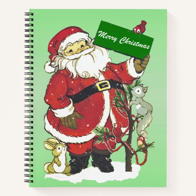 Santa With Christmas Sign Little Animals Tree Bird Notebook (Front)