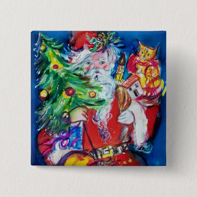 SANTA WITH CHRISTMAS TREE AND GIFTS 15 CM SQUARE BADGE (Front)