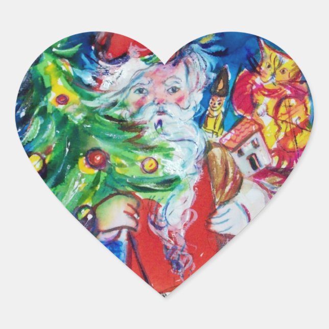 SANTA WITH CHRISTMAS TREE AND GIFTS HEART STICKER (Front)