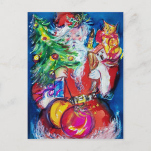 SANTA WITH CHRISTMAS TREE AND GIFTS HOLIDAY POSTCARD
