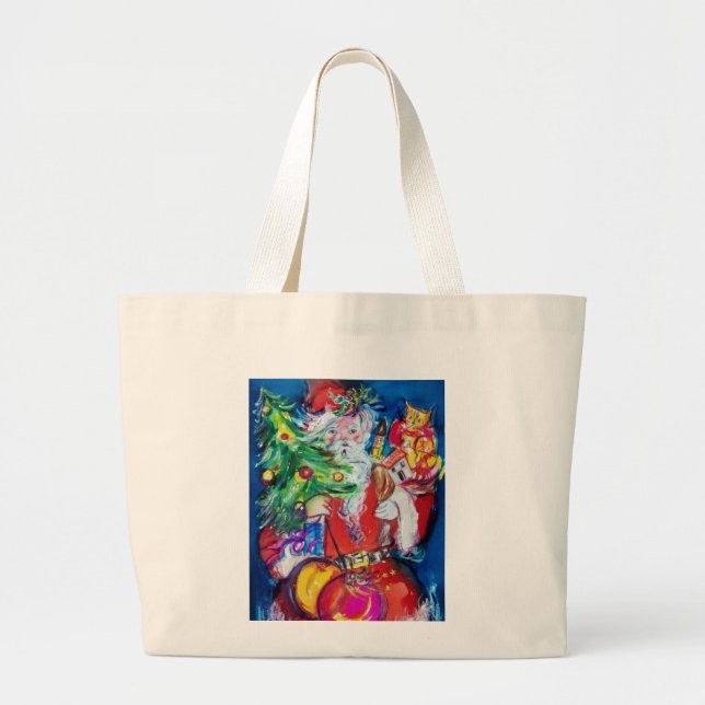 SANTA WITH CHRISTMAS TREE AND GIFTS LARGE TOTE BAG (Front)