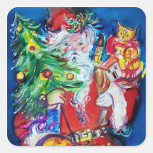 SANTA WITH CHRISTMAS TREE AND GIFTS SQUARE STICKER