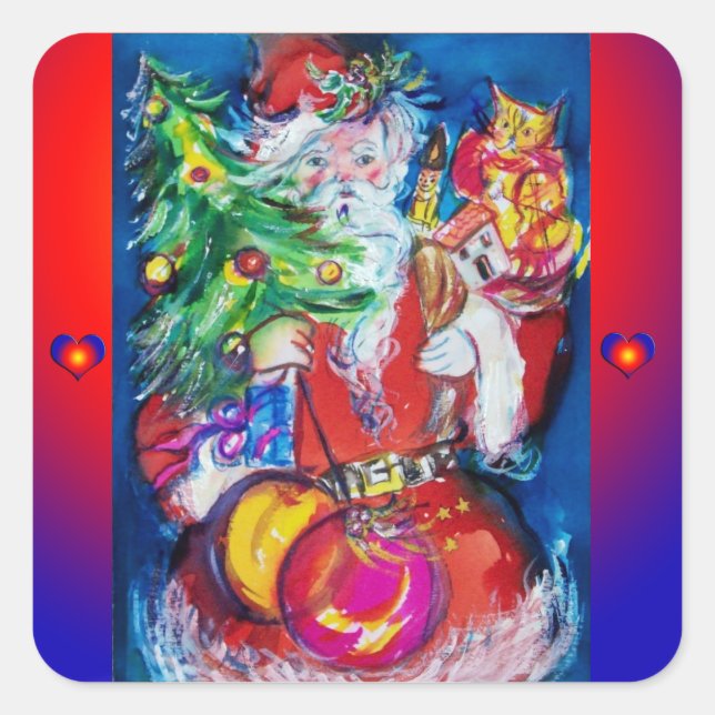 SANTA WITH CHRISTMAS TREE AND GIFTS SQUARE STICKER (Front)