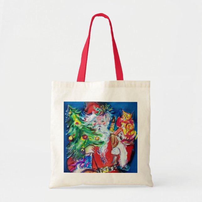 SANTA WITH CHRISTMAS TREE AND GIFTS TOTE BAG (Front)