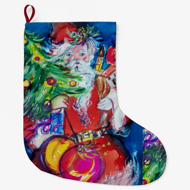 SANTA WITH CHRISTMAS TREE BALLOONS AND GIFTS LARGE CHRISTMAS STOCKING (Front)