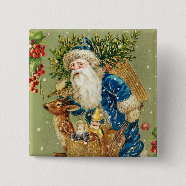 SANTA WITH DEER AND CHRISTMAS GIFTS IN WINTER SNOW 15 CM SQUARE BADGE (Front)