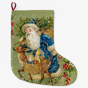 SANTA WITH DEER AND CHRISTMAS GIFTS IN WINTER SNOW LARGE CHRISTMAS STOCKING
