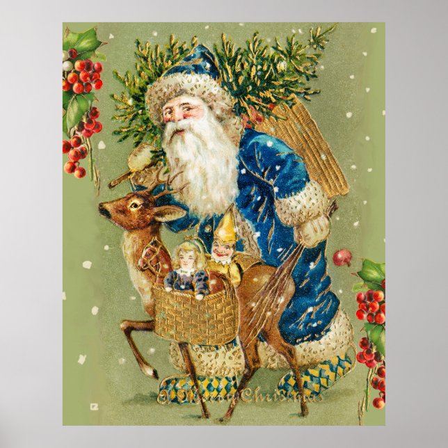 SANTA WITH DEER AND CHRISTMAS GIFTS IN WINTER SNOW POSTER (Front)
