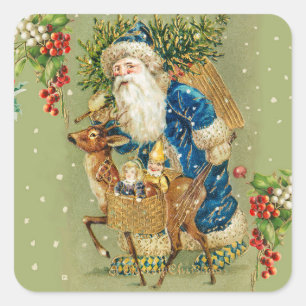 SANTA WITH DEER AND CHRISTMAS GIFTS IN WINTER SNOW SQUARE STICKER
