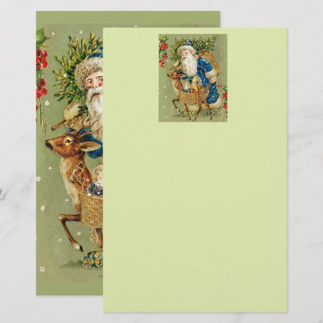 SANTA WITH DEER AND CHRISTMAS GIFTS IN WINTER SNOW STATIONERY (Front/Back)