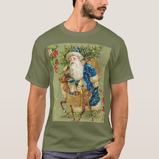 SANTA WITH DEER AND CHRISTMAS GIFTS IN WINTER SNOW T-Shirt (Front)