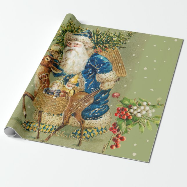 SANTA WITH DEER AND CHRISTMAS GIFTS IN WINTER SNOW WRAPPING PAPER (Unrolled)