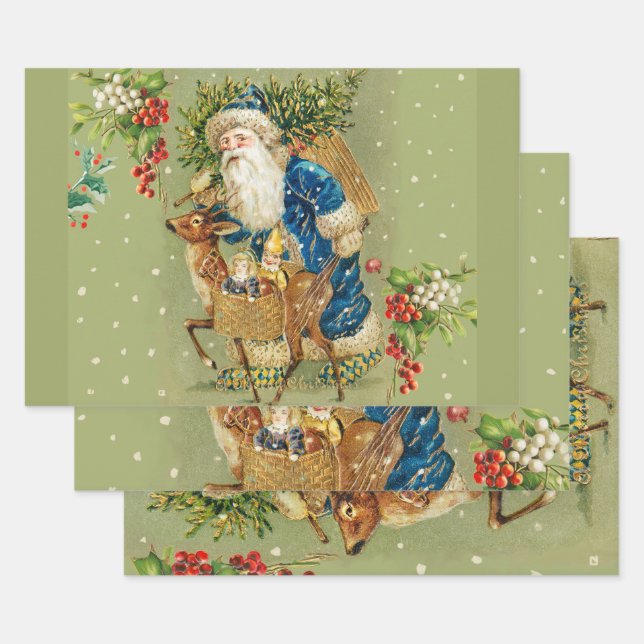 SANTA WITH DEER AND CHRISTMAS GIFTS IN WINTER SNOW WRAPPING PAPER SHEET (Set)