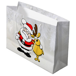 Santa With Deer Cartoon Large Gift Bag