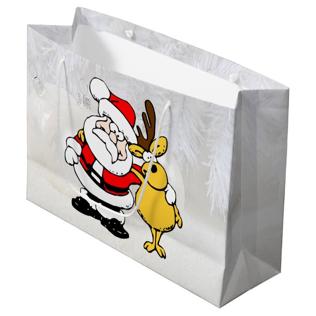 Santa With Deer Cartoon Large Gift Bag (Front Angled)